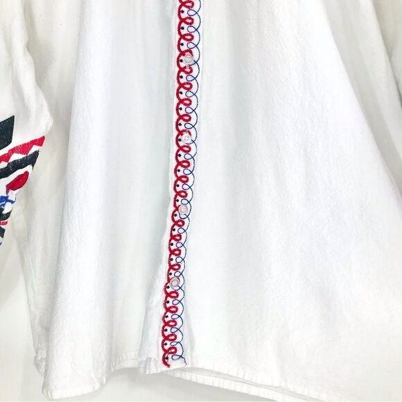 Cato White Cotton Black Red Blue Ethnic Embroidered Button Up Peasant Blouse - Picture 5 of 15